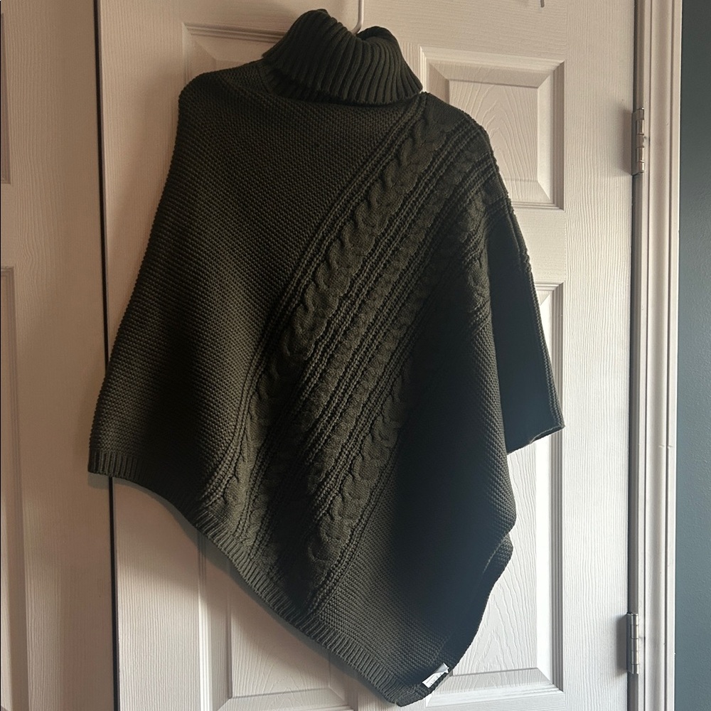 Women's Olive Green Turtleneck Poncho Sweater - Picture 3 of 11
